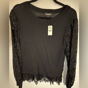 Express Lace Sleeve Crew Neck Sweater